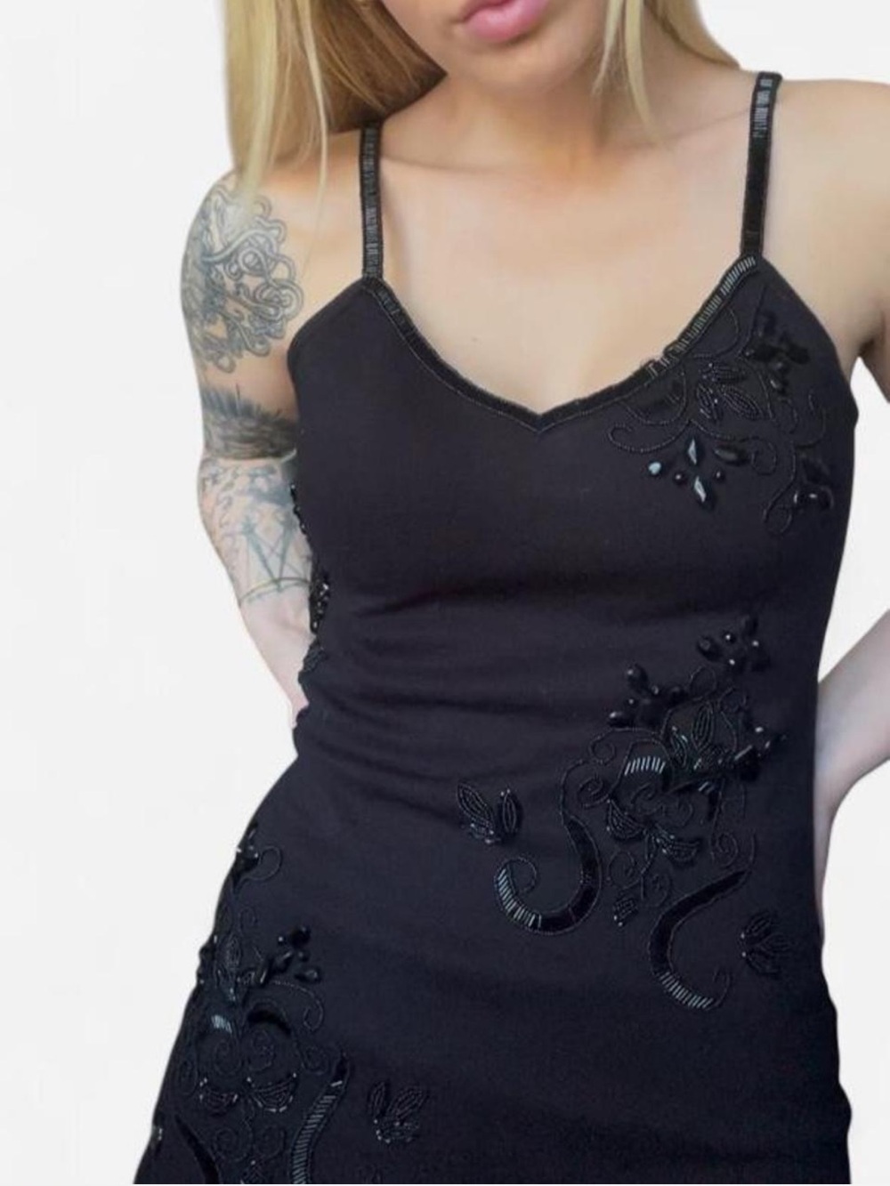Vintage Outlander Black Beaded Wool Blend Mini Dress S